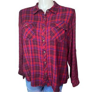 Cato Long Sleeve Red Blue and Metallic Gold  Plaid Button Up  Plus Size 18/20W